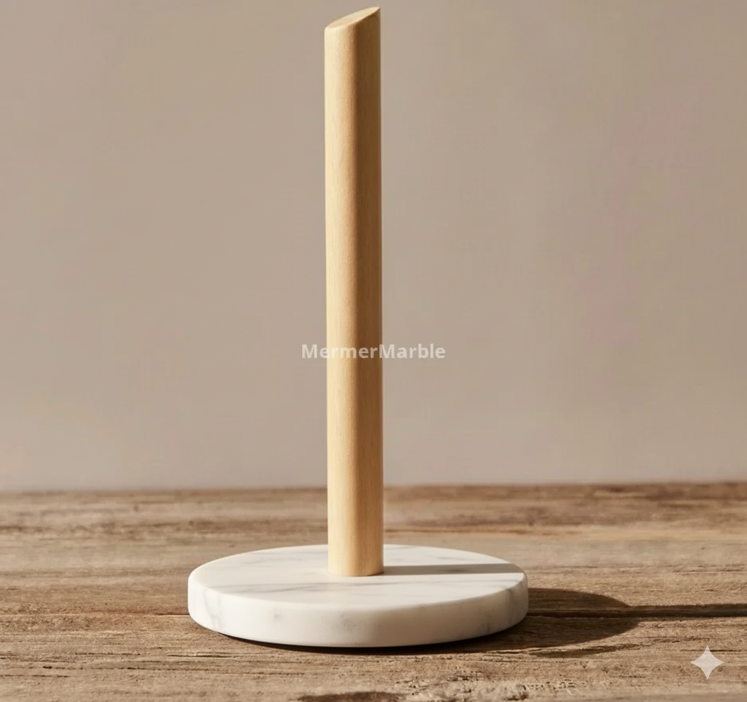 Beyaz Mermer Kağıt Havlu Peçetelik Ahşap Saplı